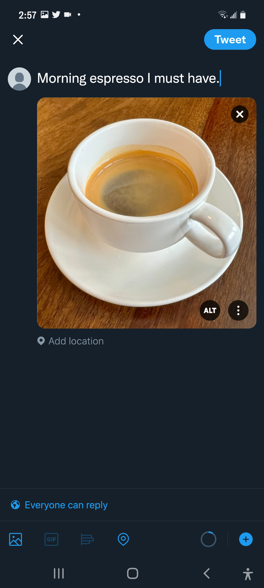 Screenshot of draft Tweet with the text “Morning espresso I must have,” with uploaded image of a mug of espresso. The ALT badge is located at the bottom of the image.