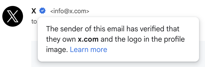 The top of a real email from X, with a verified sender mark and the address info@x.com.