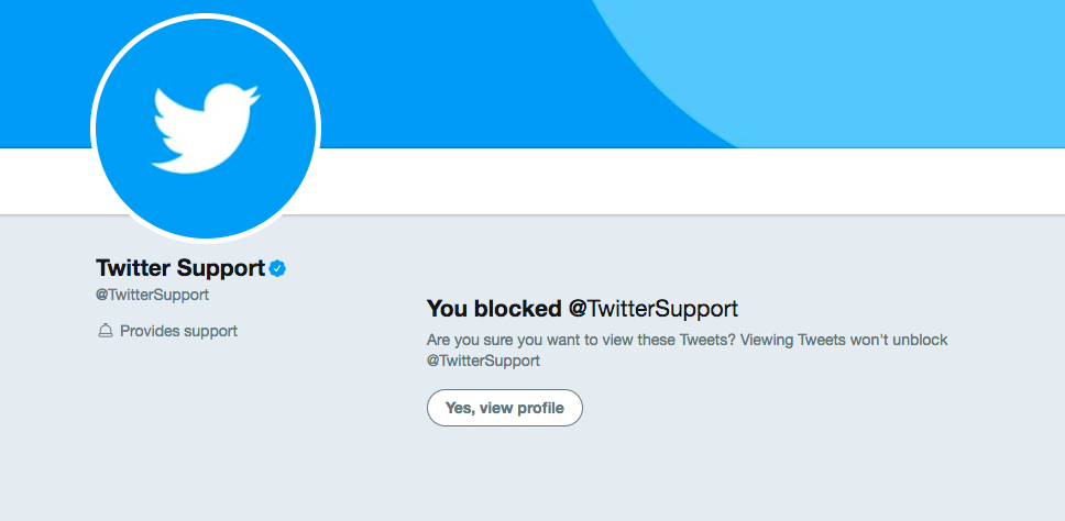 An older Twitter profile as the blocker sees it, with a You blocked message and a Yes, view profile button.